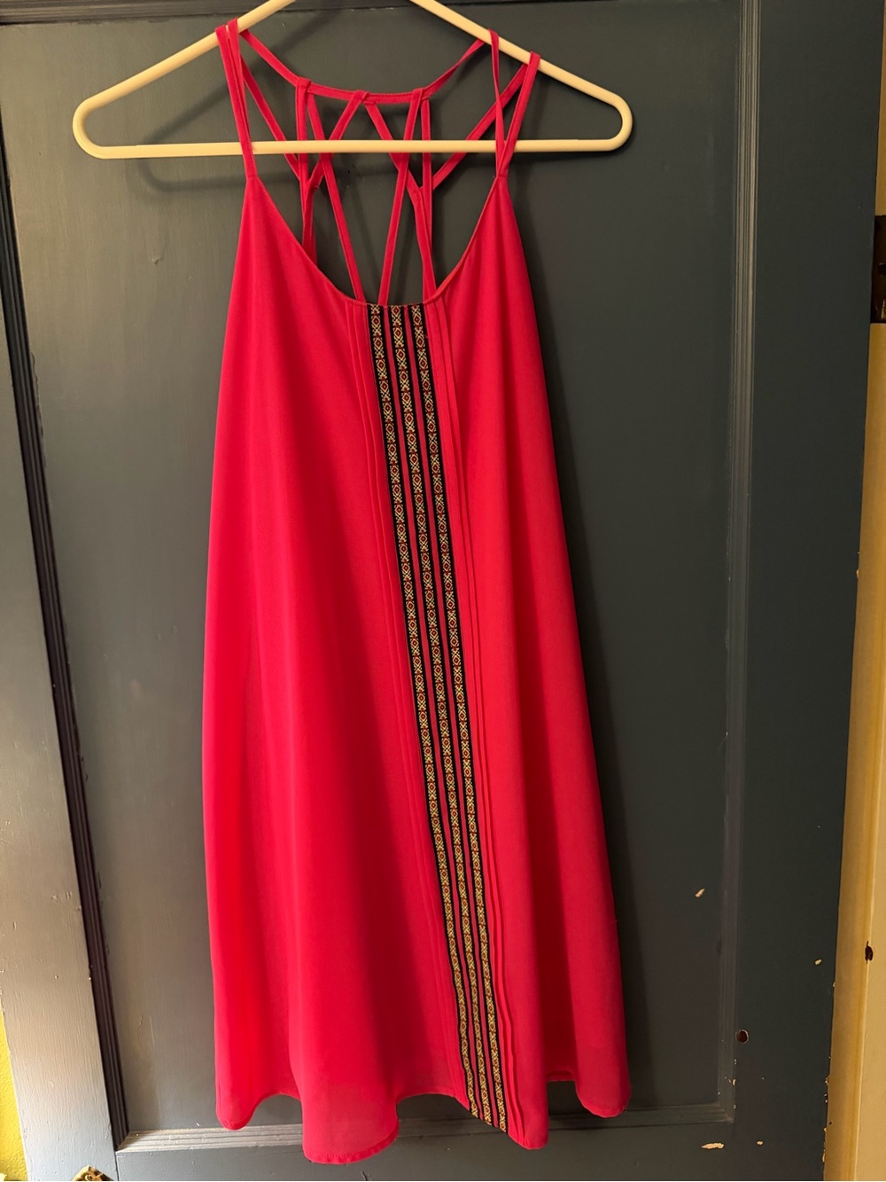 Women’s Hot Pink Strappy Summer Dress with Embroidered Stripe